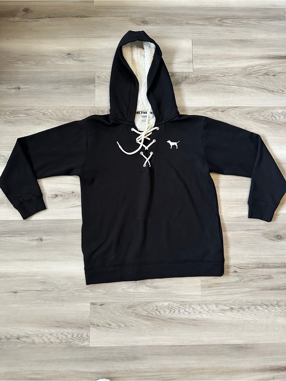 Women’s Pink Victoria Secret Oversized Sherpa Lined Black Hoodie With Lace Neck